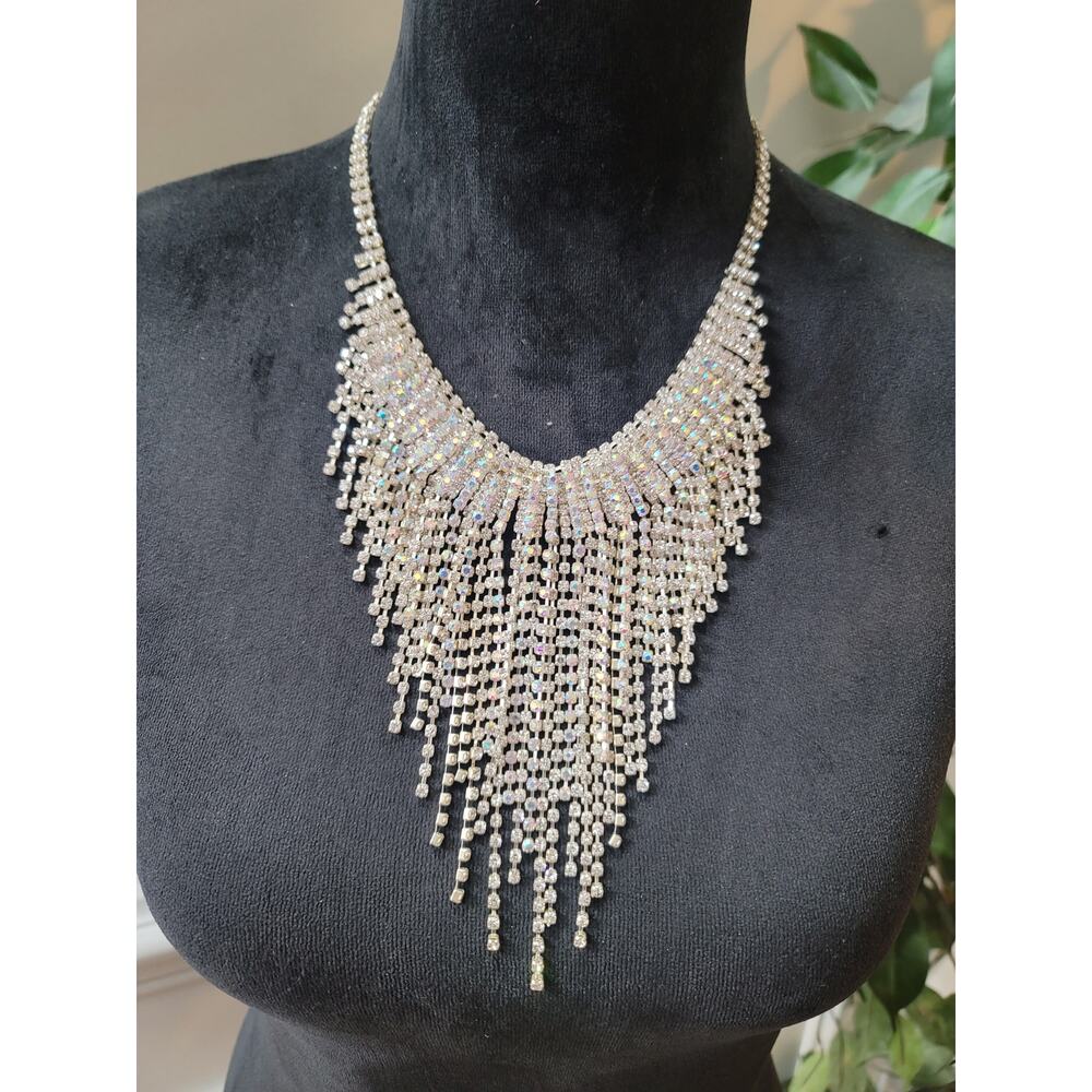 Women's Silver Tone AB Rhinestone Fringe Bib Statement Necklace Jewelry
